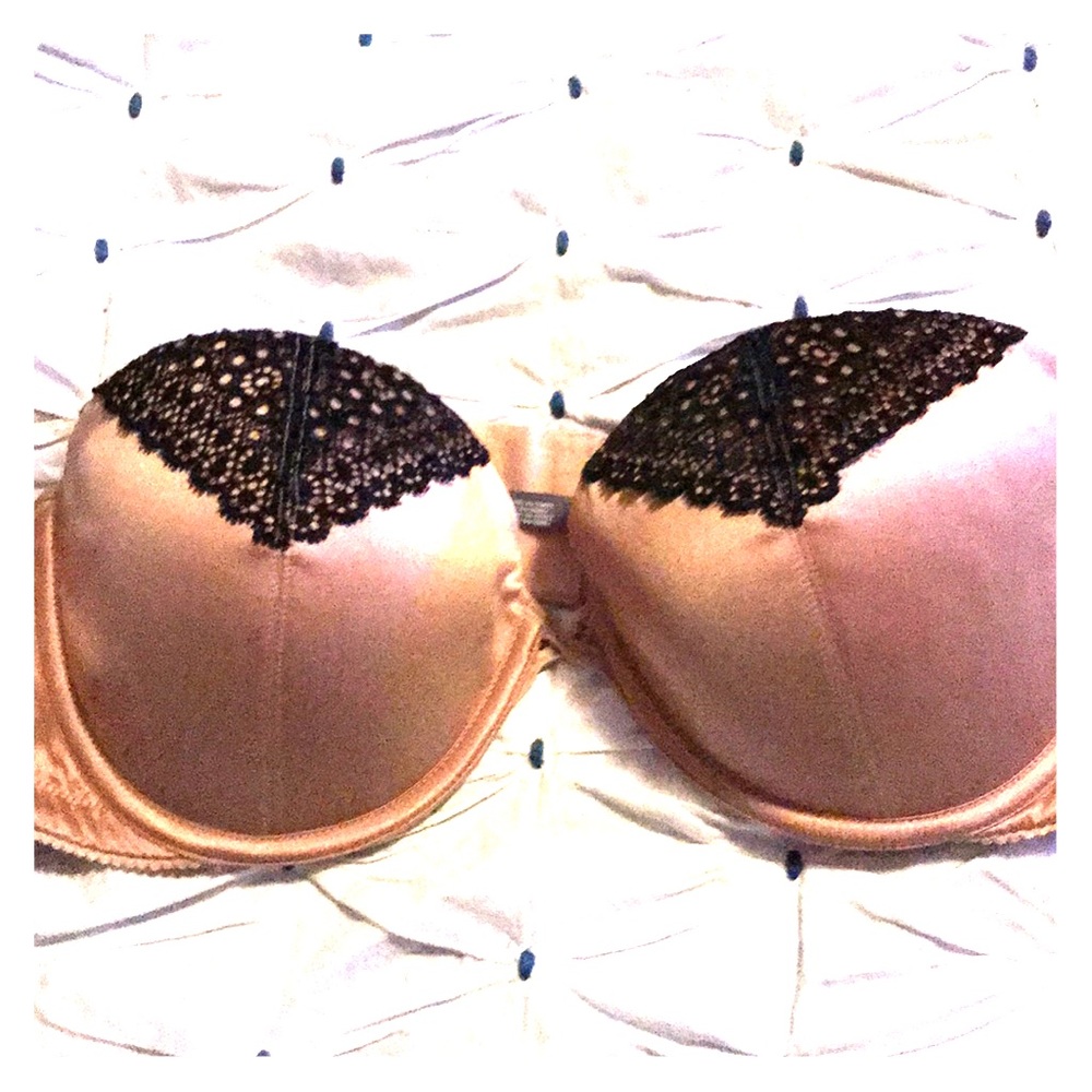 Tan strapless bra with black shimmer lace details